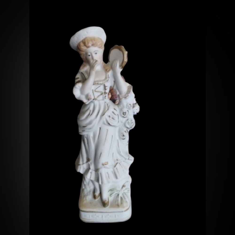 Antique German Bisque Porcelain Figurine Woman Holding Mirror 8.5" Tall